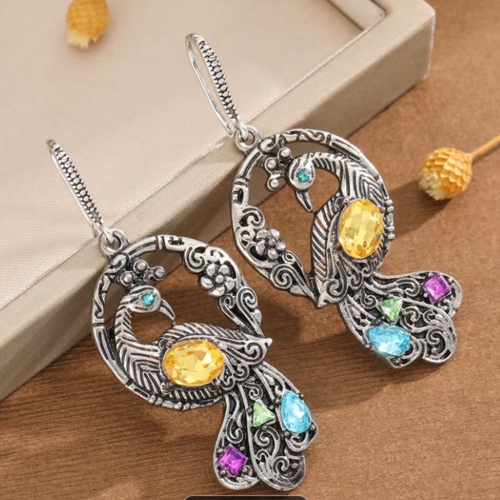 Silver Peacock Drop Earrings with Yellow and Multicolor Gems